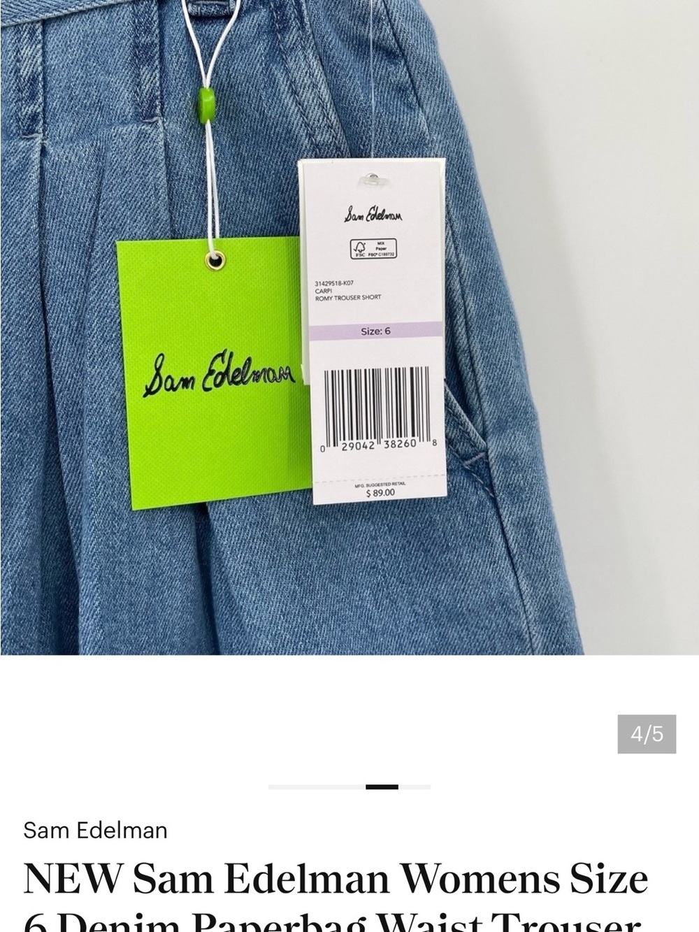 Sam Edelman Blue Denim Paperbag Waist Shorts.